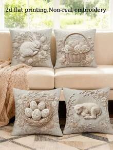 4pcs Easter Bunny & Eggs Throw Pillow Covers - Retro Spring Cushion Covers With Zippered Closure,Egg Patterns Suitable For Sofa, Couch, Porch, Living Room, Outdoor - (No Inserts), 2D Flat - Rusty Rose - View 1