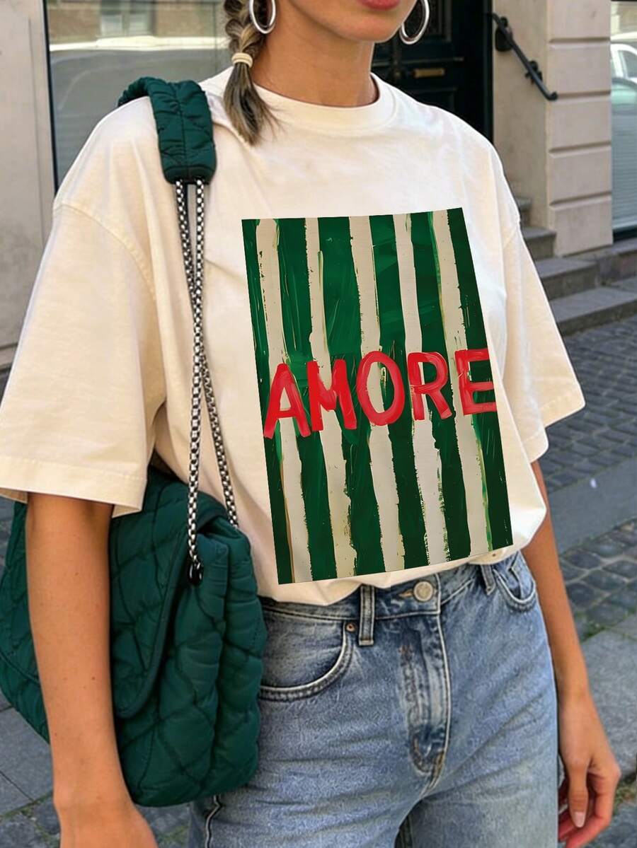 夏季新款简约时尚英文字母醒目条纹印花休闲圆领短袖T恤，百搭且适合女性穿着 - 杏色 - 查看 1