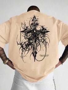 HAFIME Men's T-Shirt With "Gothic Cross" Print, Unisex Men's Shirt, 100% Cotton, Top Premium Streetwear, New Release, Gothic Style - 米色 - 查看 2