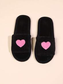 Heart-Shaped Plush Open-Toe Indoor Slippers For Women, Comfortable Fuzzy House Slippers For All Seasons, Spring And Autumn - Black - View 11