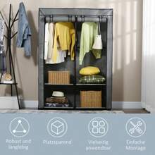 Fabric Wardrobe With Hanging Space And 4 Compartments, Foldable With Zipper, Made Of Light Grey Non-Woven Fabric For Bedroom Organization - Grey - View 6