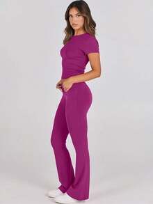 Lounge Sets For Women 2 Piece Foldover Yoga Flare Leggings Pants Crop Tops Casual Y2K Outfits Matching Tracksuit Set - 玫紅色 - 查看 3