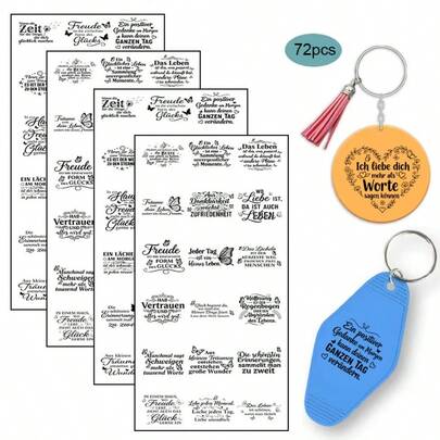 72pcs Disposable Rub-On Transfer Stickers - German Inspirational Quotes Butterfly & Inspirational Word Phrases Decals UV DTF Stickers, Black & White, High-Quality PVC, Fade-Resistant UV DTF Transfer Stickers, High Viscosity UV DTF Transfer Paper, Suitable For Keychains, Small Pendants, And Mugs UV DTF Keychain Stickers (Stickers Only)