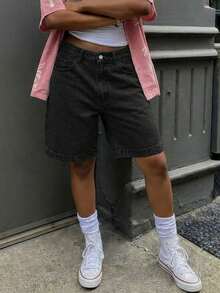 Women Summer Casual Knee Length Wide Leg Baggy Bermuda Denim Jeans Vacation Beach Country Concert - Black - View 5