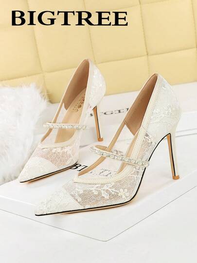European & American Style Sexy Lace Pointed Toe Mesh Stiletto High Heel Party Shoes For Women,Wedding Outfits