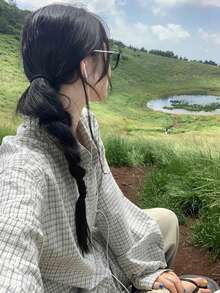 女士格子翻领单排扣休闲百搭通勤长袖衬衫 - 米色 - 查看 4