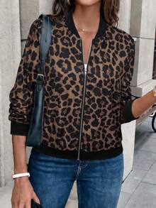 Rainbow Latest Leopard Print Women's Baseball Jacket, Metal Zipper, Baseball Collar, Long Sleeve, Regular Fit, Lightweight, Fashionable Casual Multipurpose Jacket, Suitable For Work, Travel, Daily Wear, Spring/Summer Women's Cardigan, Women's Thin Cardigan Vacation - Brown - View 2