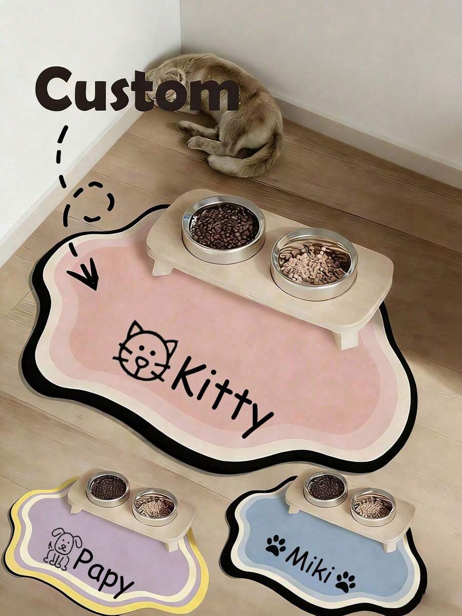 Customizable Quick-Drying Pet Feeding Mat, Personalized Pet Feeding Mat - Quick-Drying Waterproof Non-Slip Cat Bowl Mat, Can Print Pet Name - Splash-Proof, Absorbent, Easy To Clean Design, Paw Print Pattern, Suitable For Cats And Dogs, Machine Washable, Perfect Gift For Pet Owners. Pet Feeding Mat, Pet Food Mat, Funny Design - Multicolor - View 1