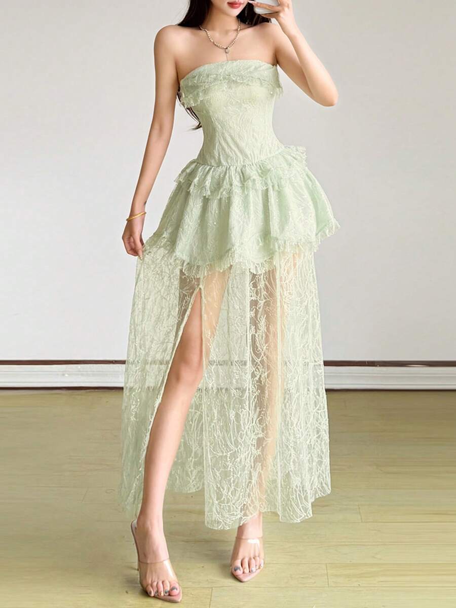 YeonC纯色派对高开衩至大腿蕾丝拼接褶皱蕾丝连衣裙 - 綠色 - 查看 1