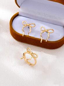 Juego de 3 piezas de aretes de mariposa dorados y anillo, versátil - Amarillo Oro - Ver 2