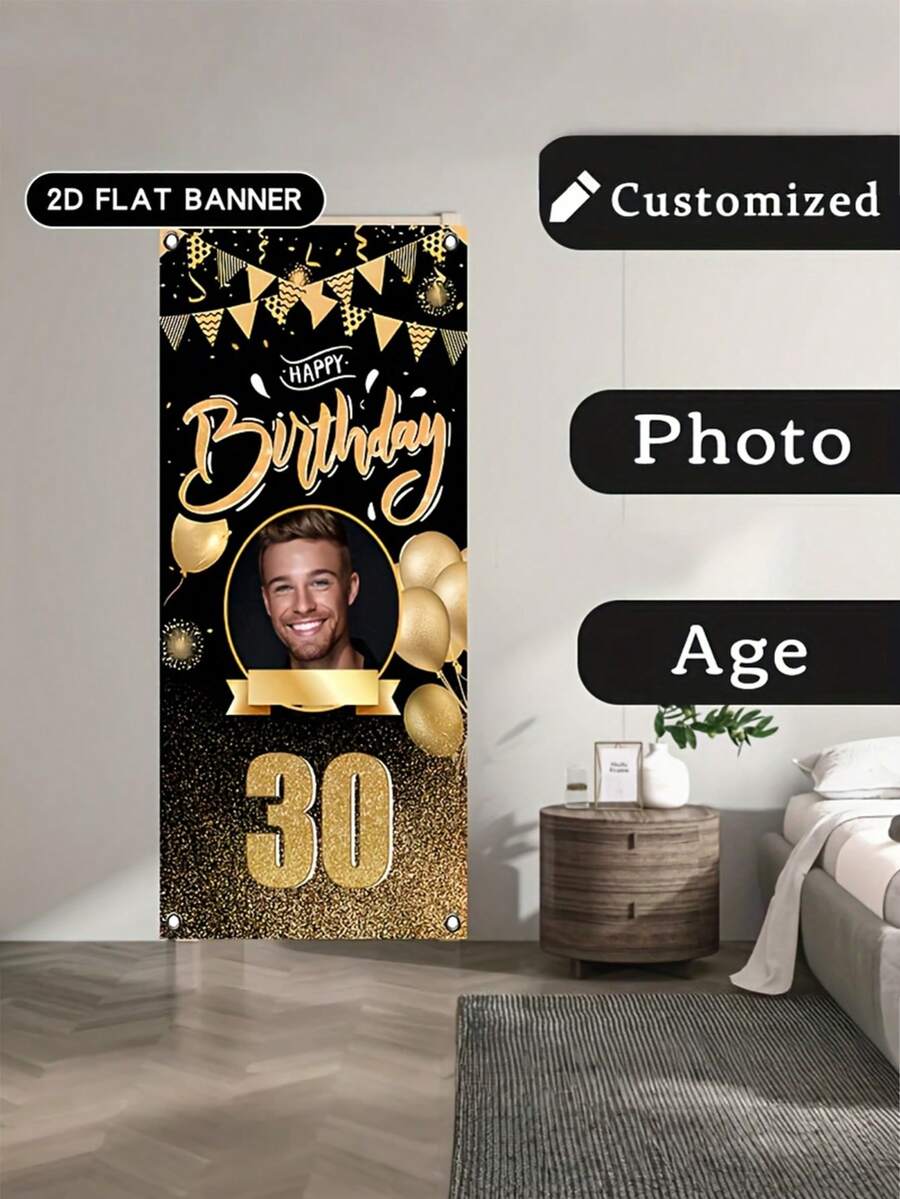 1pc Customized 30th Birthday Party Banner - Personalized Photo & Age Design, Luxury Black Gold Polyester Vinyl Poster With Balloons & Ribbons, Suitable For Doorway Decor, Photo Props, Available In Multiple Sizes, Birthday Party Decoration - Multicolor - View 1