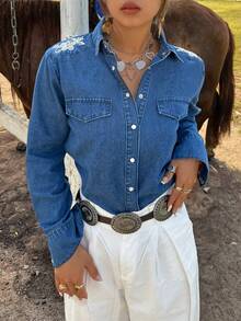 jinzarr 女士优雅花卉刺绣复古图案牛仔衬衫 - 中等水洗藍 - 查看 4