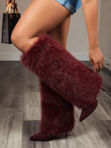 Women's Fluffy Fur Pointed Toe Stiletto Heels Knee High Boots Holiday Vacay Vibe For Elegant Fashionable Boots Spring Summer Party Evening Gala - 酒紅色絨面革 - 查看 4