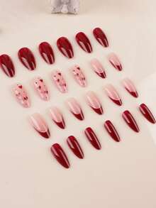 24pcs Medium-Long Rectangular Nail Stickers, European & American Style Red Heart Shaped Valentine's Day Nail Art, Minimalist & Sweet Design, Full Coverage Easy Application, Suitable For Women's Daily Life, Holidays, Parties And Gatherings Nails - Multicolor - View 3