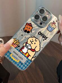 1pc Silver Electroplated Glitter Blue Plaid French Fries Puppy Phone Case With 3D Metal Stand, Compatible With IPhone 11/12/13/14/15/16/17/Pro Max - Silver - View 4