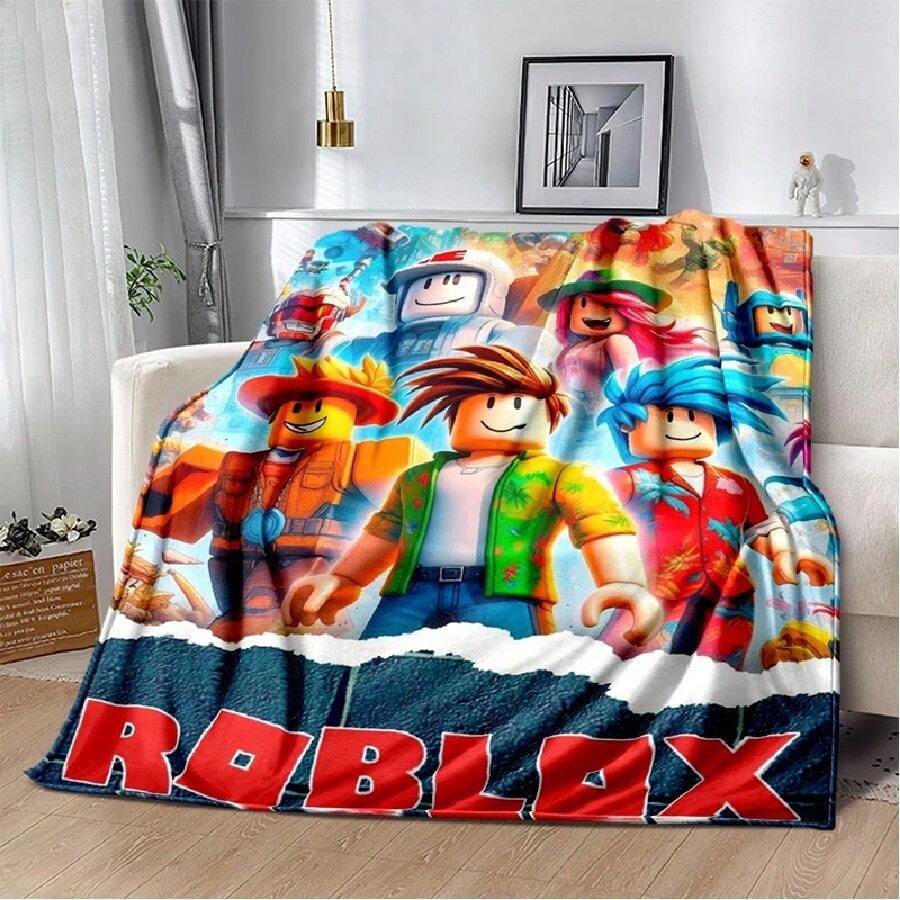 3D Cartoon R-Robloxs Game Flannel Blanket Soft Warm Throw Blanket For Bedroom Living Room Bed Travel Camping Picnic Gift(27).Jpg - 白色 - 查看 1