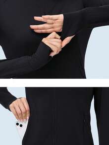 女士轻便户外夹克，带弹性立领，适合跑步、健身、瑜伽、骑行、徒步等运动，春夏黑色运动款 - 黑色 - 查看 7