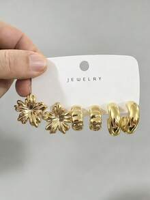 4/6/16pcs Fashionable Earring Set, Exaggerated Eternal Flower Super Large C-Shape Five-Petal Flower Series Earrings, Suitable For Daily Wear And Festivals, Women Earring Set - Gold - View 8