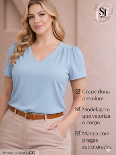 Blusa Feminina Manga Curta Plus Size Princesa Decote V Duna Premium GG G1 G2 G3 Elegante Não Amassa - Azul Pastel