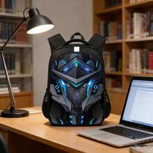 A Black Backpack With Reflective Stripes, Featuring A Cyberpunk Pattern, Made Of Wear-Resistant Polyester Fiber Fabric, With Breathable Shoulder Straps And Side Mesh Pockets Suitable For Back To School, Daily Office, Back To Campus, Birthday Gifts, Etc. - A - View 3