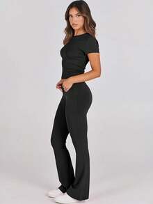 Lounge Sets For Women 2 Piece Foldover Yoga Flare Leggings Pants Crop Tops Casual Y2K Outfits Matching Tracksuit Set - 黑色 - 查看 3