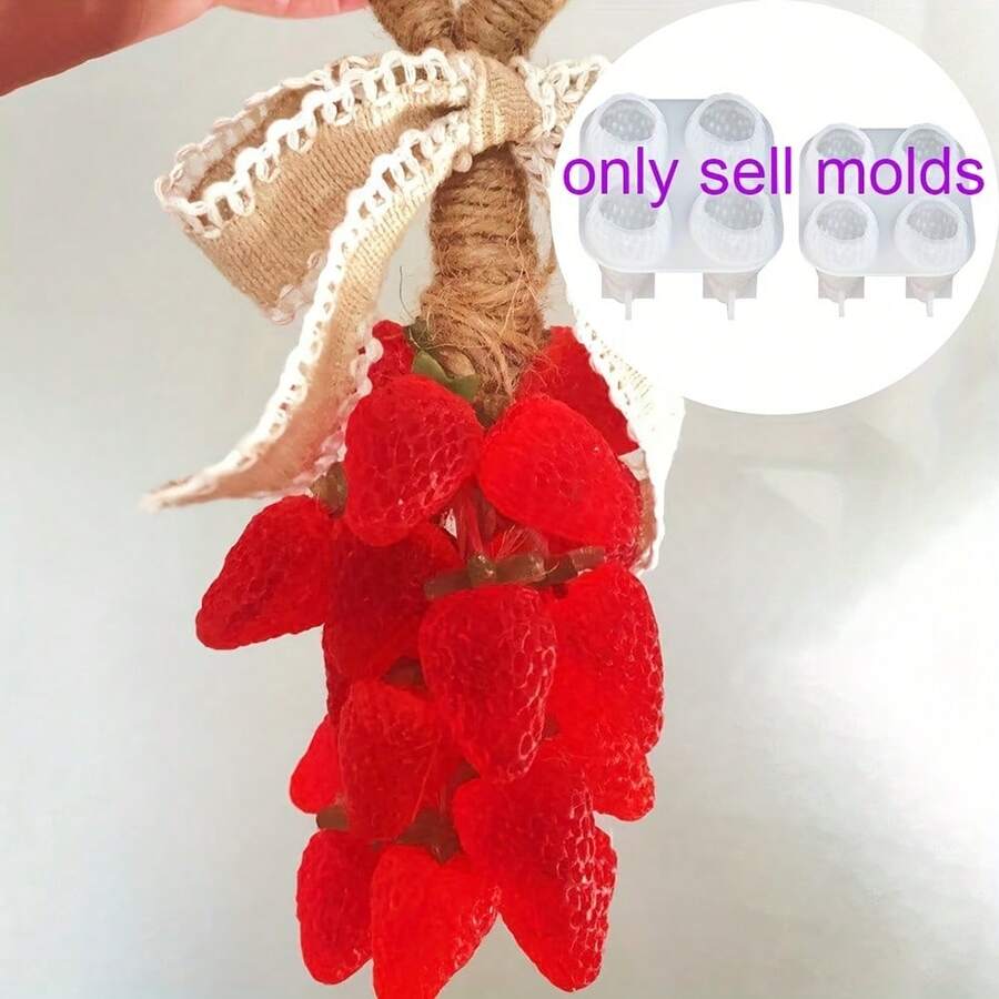一套草莓造型硅胶模具，包含草莓皂珠模具、四合一草莓造型树脂香薰蜡烛模具和3D硅胶模具，适用于DIY手工皂制作材料。 - 多色 - 查看 1