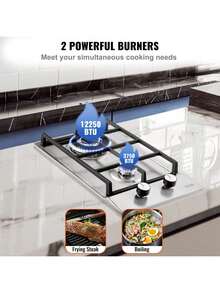 Gas Cooktop 12 Inch, Max 12250BTU 2 Burners Built-In Stainless Steel Gas Stove Top, LPG/NG Convertible Dual Fuel Natural Gas Hob With Thermocouple Protection For Outdoor, Kitchen, Camping, RV - Silver - View 3