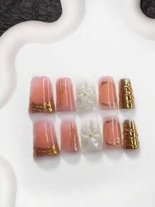 10pcs Luxury Fairy Style Acrylic Nail Art Set, Handcrafted 5-Petal Flower Nail Decals, Gold Halo Design, Solid Color Nail Foils, Gold Nail Polish, Includes Nail Tools (1 Jelly Sticker + 1 Nail File), 3 Sizes Available: Almond, Duck Mouth, Coffin, Suitable For Daily, Party, Spring/Summer, Photography, Travel, Excellent Gift For Women & Girls Handmade Press On Nails - 彩色 - 查看 15