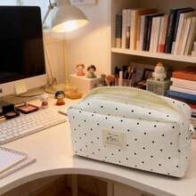 Large Capacity Minimalist Polka Dot Pencil Case, Cute Big Capacity Stationery Storage Pencil Pouch, New Year/Birthday/Back To School Gift - White Polka Dot "My Friend" - White-1pc - View 2