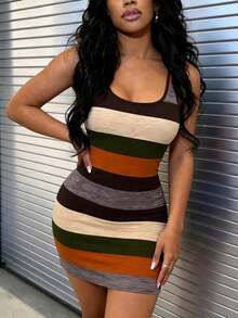 女士夏季条纹无袖吊带连衣裙，Y2K复古修身短裙，适合休闲、舒适、街头、度假、节日等场合穿着 - 彩色 - 查看 4