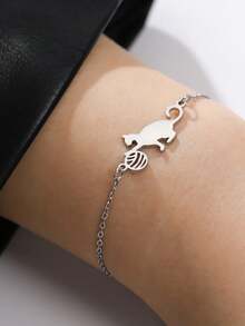 1 Pc Customizable Stainless Steel Cute Cartoon Animal Beaded Charm Cat Pendant Stainless Steel Simple And Unique Style Bracelet - Multicolor - View 4