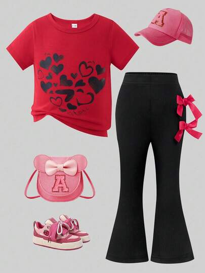 2pcs Baby Girl Cute Heart Print Short Sleeve T-Shirt Top And Big Bow Flare Pants Set, Suitable For Spring/Summer Holiday Casual Outfits