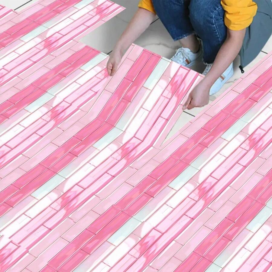 10PCS, 2D/Flat Pinkish Gradient Glass Long Brick Dreamy Style Pattern PVC Floor Stickers, Self-Adhesive Floor Art Stickers, 11.81x11.81 Inches (30*30cm), Suitable For Floor Decoration In Bedrooms, Living Rooms, Kitchens And Bathrooms At Home (PVC Flooring) - 11.81x11.81in(30x30cm) - View 1