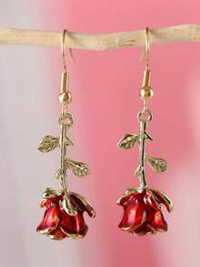 1 Pair Fashionable Rose Flower Delicate Floral Earrings, Ethereal Aesthetic - Red - View 5