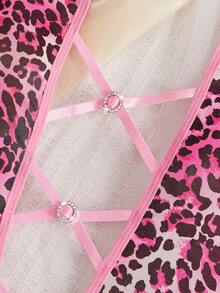 Valentine's Day Surprise Gift Women's Sexy Lingerie Lace-Up Halter Neck Leopard Print Open Crotch Bodysuit Tie-Waist Belt With Metal Ring Connections And Cross-Strap Design Erotic Teddy - Hot Pink - View 4