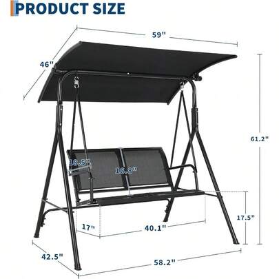 Columpio de patio con toldo ajustable para adultos, banco colgante para porche de 2 plazas con estructura de acero impermeable para exterior, ideal para jardín y césped