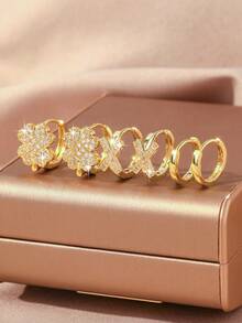 6pcs Set Luxury Rhinestone Decorated Earrings, Women's Clover Crossover Smooth Earrings, Versatile For Commute And Dating - 6-piece Set - View 1