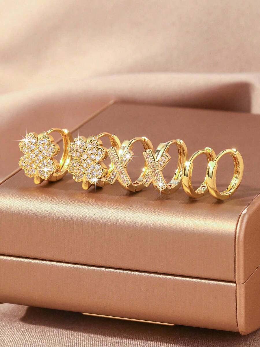6pcs Set Luxury Rhinestone Decorated Earrings, Women's Clover Crossover Smooth Earrings, Versatile For Commute And Dating - 6-piece Set - View 1