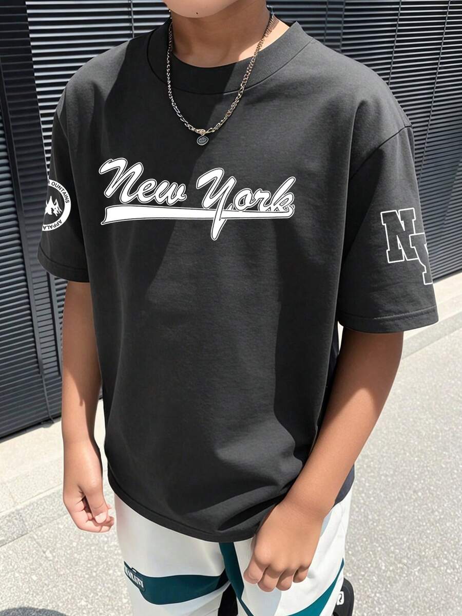 男童休闲字母印花短袖T恤，夏季 - 灰色 - 查看 1