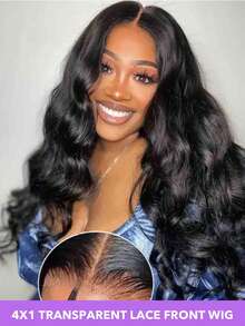 150% 200% 密度水波纹 Remy 真人发假发 4x1 透明蕾丝前额巴西真人发假发 T 字形蕾丝前额假发 预先拔毛并带有婴儿发 天然黑色 8-22 24 26 28 30 英寸 女士 - Natural Black - 查看 3