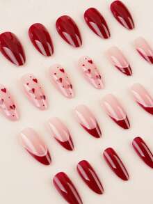 24pcs Medium-Long Rectangular Nail Stickers, European & American Style Red Heart Shaped Valentine's Day Nail Art, Minimalist & Sweet Design, Full Coverage Easy Application, Suitable For Women's Daily Life, Holidays, Parties And Gatherings Nails - Multicolor - View 4