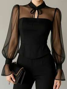 Áo kiểu nữ dài tay màu đen phối ren xuyên thấu gợi cảm, thích hợp cho mùa xuân. - màu đen - Xem 1