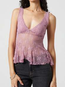 Women Summer Sleeveless Lace Floral Tank Tops V Neck Sheer Mesh Embroidered Ruffle Hem Tops Y2K Night Out Shirts - Màu tím - Xem 3