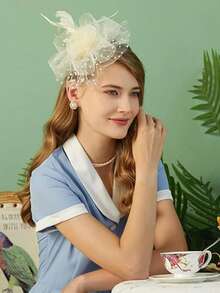 1pc Women's Tea Party Racing Hat, Kentucky Derby Hat, Floral Mesh Hair Accessory, Wedding Headpiece - Beige - View 2