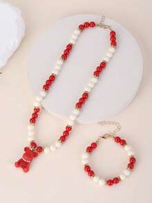 两件套幸运红色小熊软糖首饰套装，新年礼物，适合女孩和青少年，项链和手链，配有闪亮的红色和白色珠子吊坠 - 放 - 查看 1