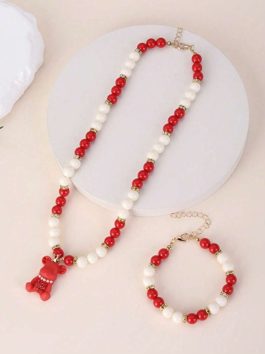 两件套幸运红色小熊软糖首饰套装，新年礼物，适合女孩和青少年，项链和手链，配有闪亮的红色和白色珠子吊坠 - 放 - 查看 1