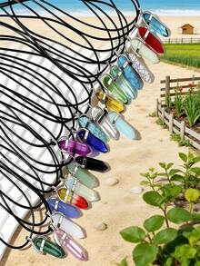 1/5/10/20 Pcs Women Natural Stone Pendant Necklaces, Crystal Heart Gemstone Chakra Crystal Jewelry, PU Leather Cord Jewelry Gifts, Holiday Party Supplies - Multicolor - View 5