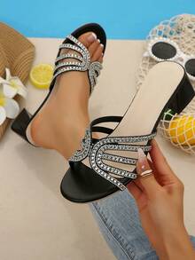 Fashionable Casual Crystal Glass Diamond Women's High Heel Chunky Heel Slip-On Sandals - Black - View 1