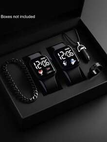 5pcs/Set Boys' Fashion Casual LED Heart-Shaped Digital Display Electronic Watch, Suitable For Boys, Comes With Stylish Bracelet, Necklace, Ring Set, Ideal As Boys' Birthday/Holiday Gift, Suitable For Students, Perfect For Back To School, Parties And Gift Exchange, Great For Valentine's Day And New Year Boys' Gift - Multicolor - View 3