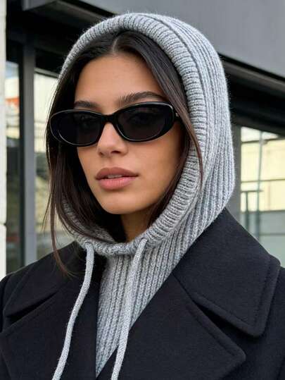 1pc Women's Grey Drawstring Faux Collar Balaclava Hat, Outdoor Ski Warm Knitted Face & Neck Protective Hooded Cape, Suitable For Winter Cold Protection, Random Color & Style Shipped, Christmas Gift